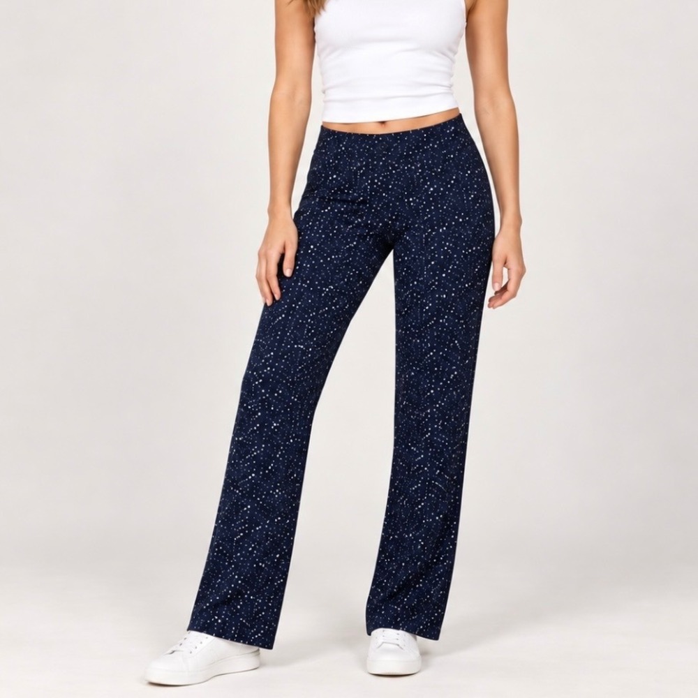 Betabrand Starlight Dress Pant Yoga Pants L Long Navy Blue Silver Metallic Star